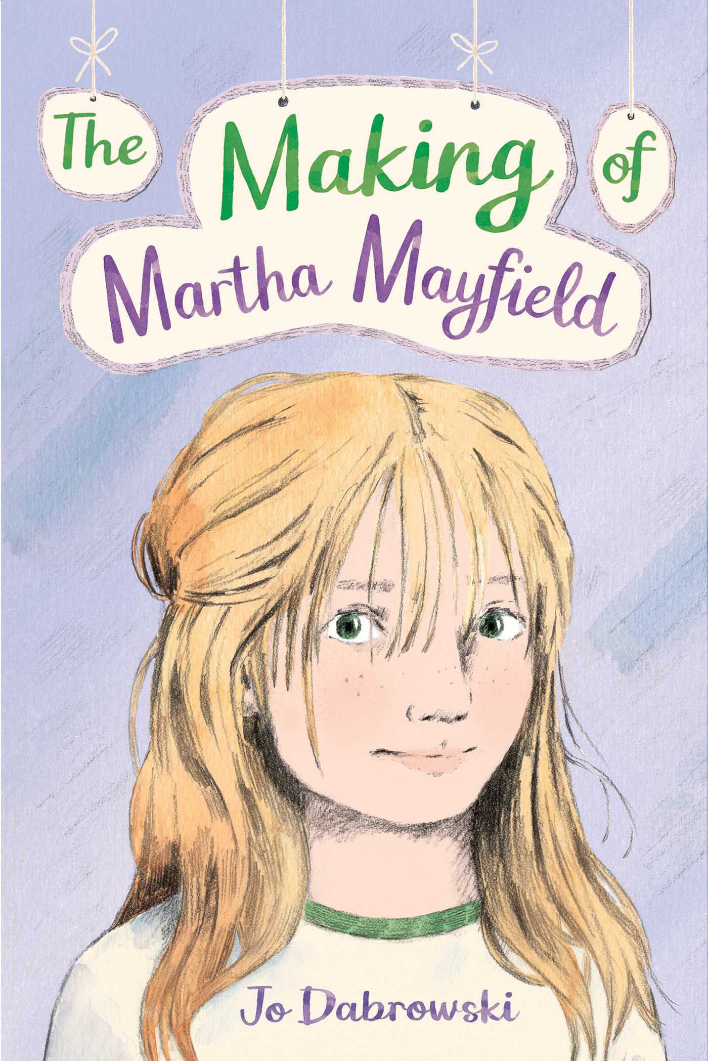 Book cover for "The Making of Martha Mayfield" by Jo Dabrowski, featuring an illustrated child with blonde hair, smiling, on a purple background.