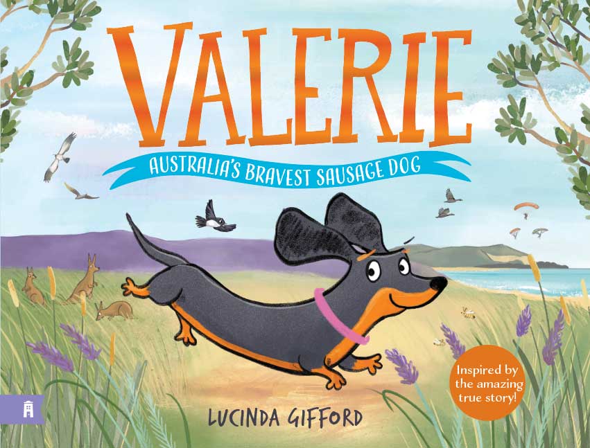 Book cover for "Valerie" by Lucinda Gifford featuring a dog running through grass and flowers with the sea in the background.